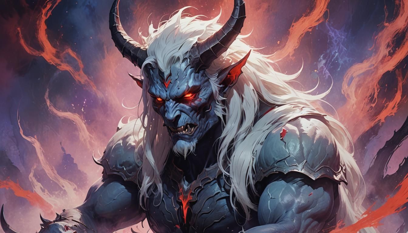 Demon with White Hair, Red Eyes, and Horns