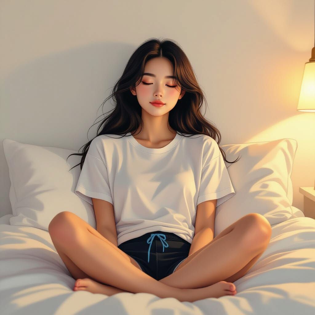 Sleeping Asian Girl in Dreamy, Minimalist Room