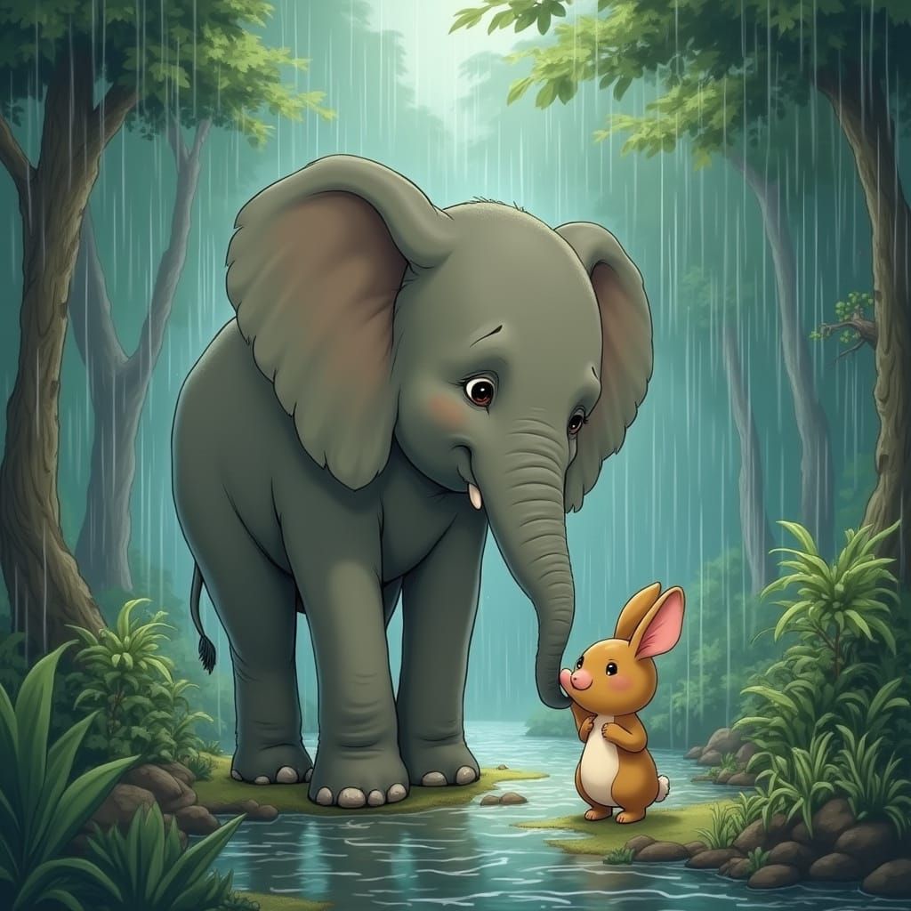 Gentle Elephant Protects Tiny Rabbit in Lush Jungle