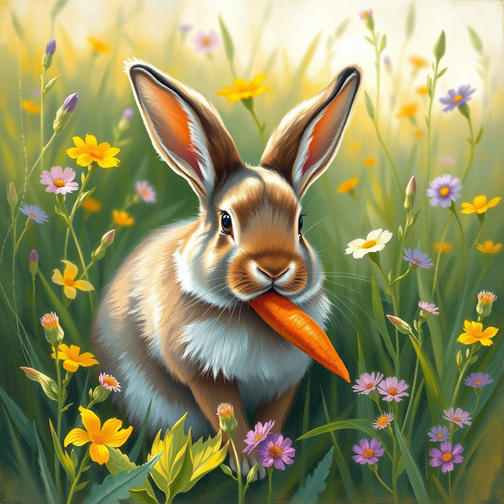 Impressionistic Bunny in Meadow with Carrot