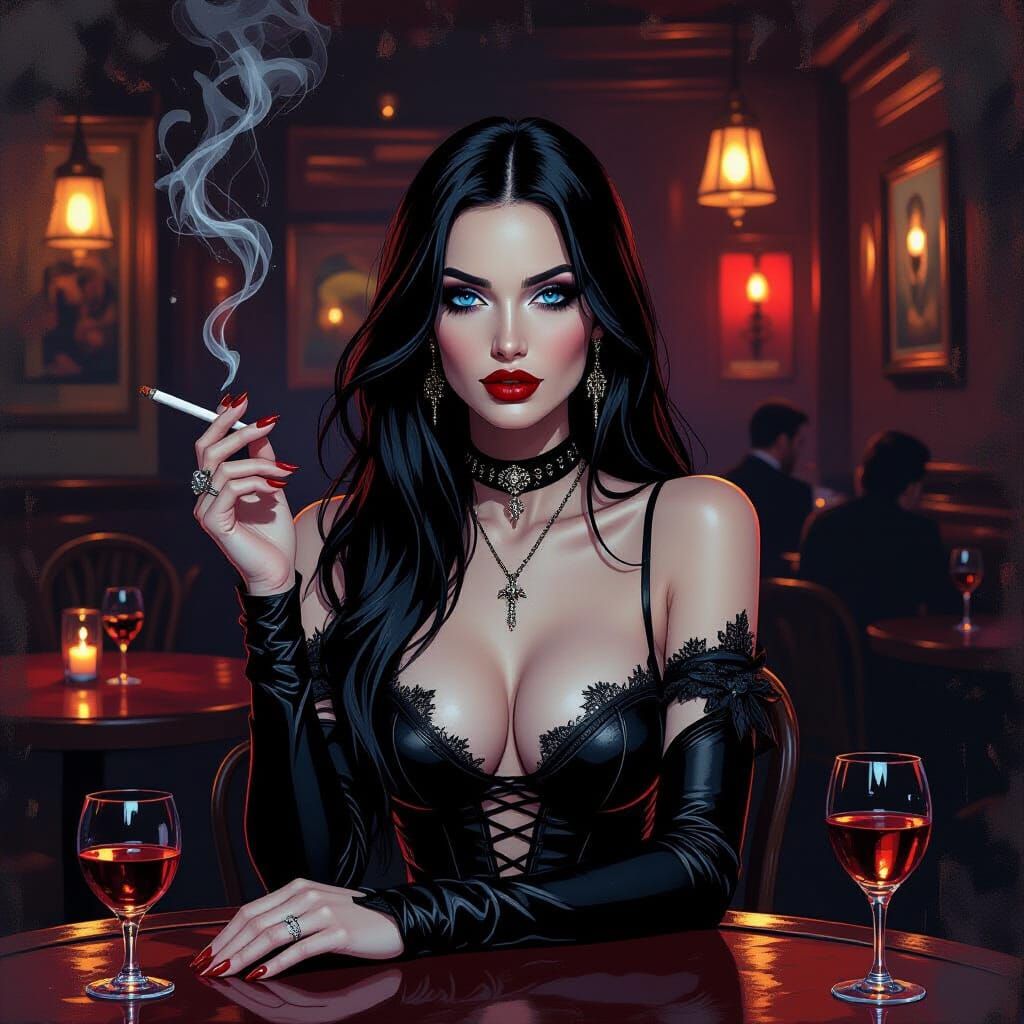 Gothic Woman in Jazz Club, Neo-Impressionist Style