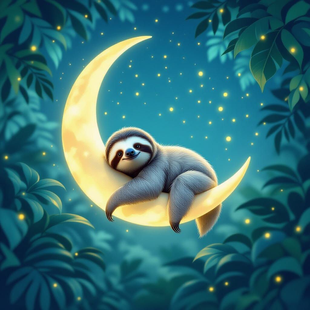 Gentle Sloth on Moonlit Rainforest Sky with Fireflies