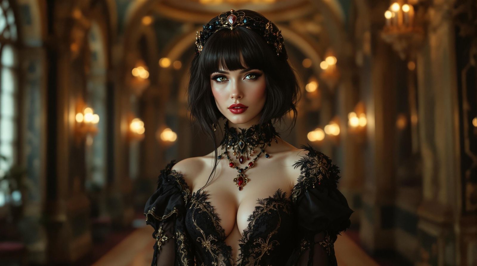 Elegant Woman in Luxurious Hall: Pre-Raphaelite Style