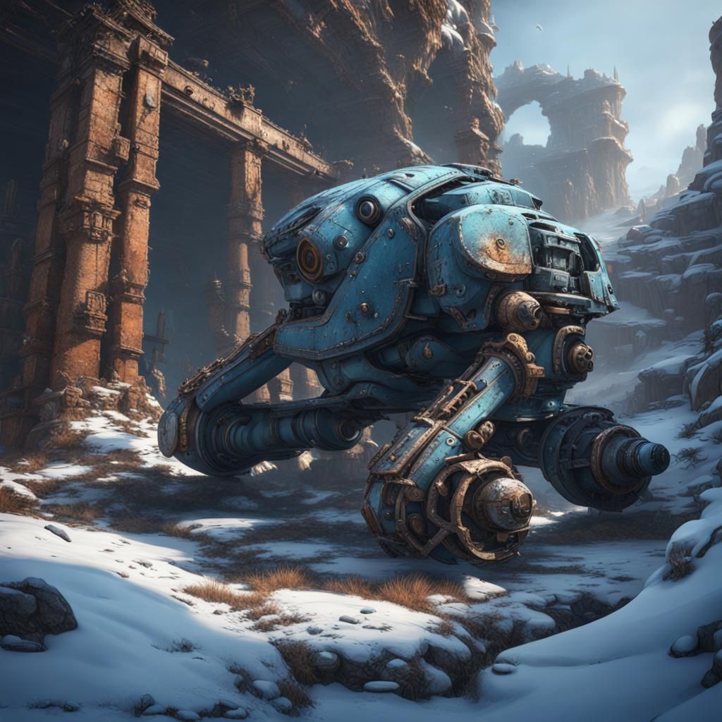 Feline Mech in Snowy Biome, Detailed Matte Painting