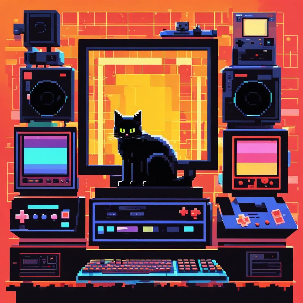 Black Cat in Pixel Art Style With Retro Games