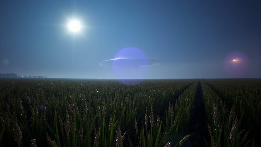 Moonlit Field with Shimmering Orbs and UFO