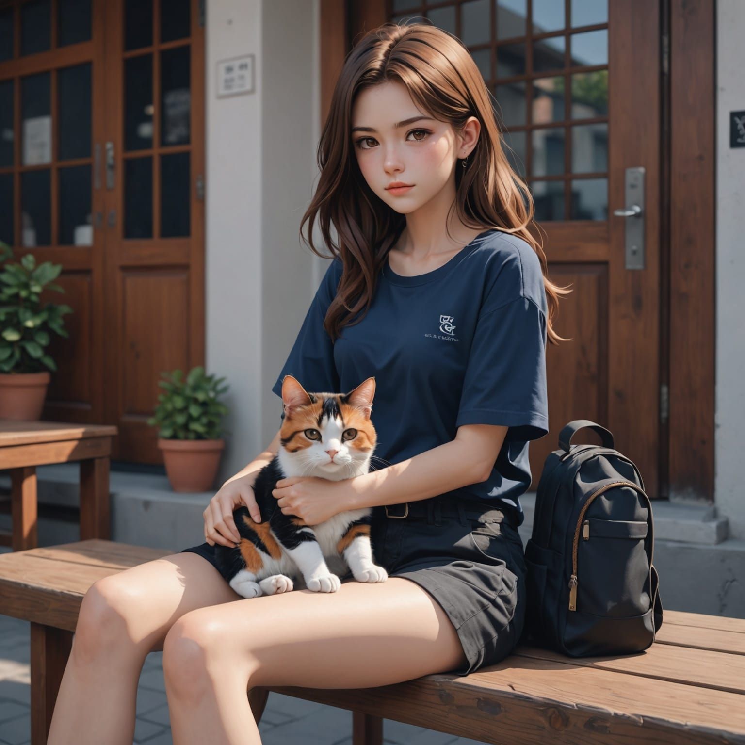 Anime Style Woman with Calico Cat