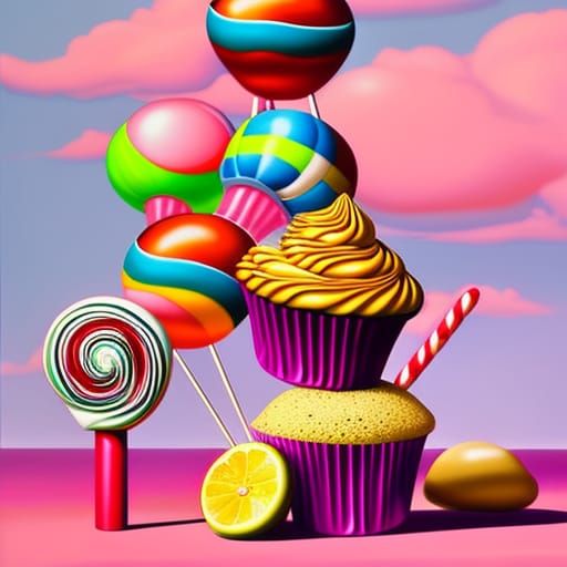 Retro Pin-Up Girl Enjoys Cupcake in Candy Art