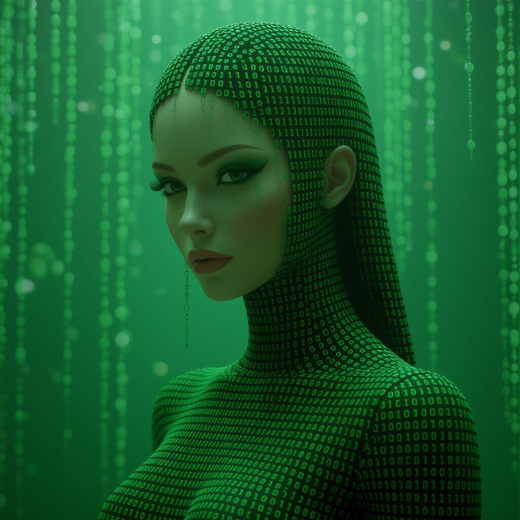 Feminine Figure Composed of Green Binary Code
