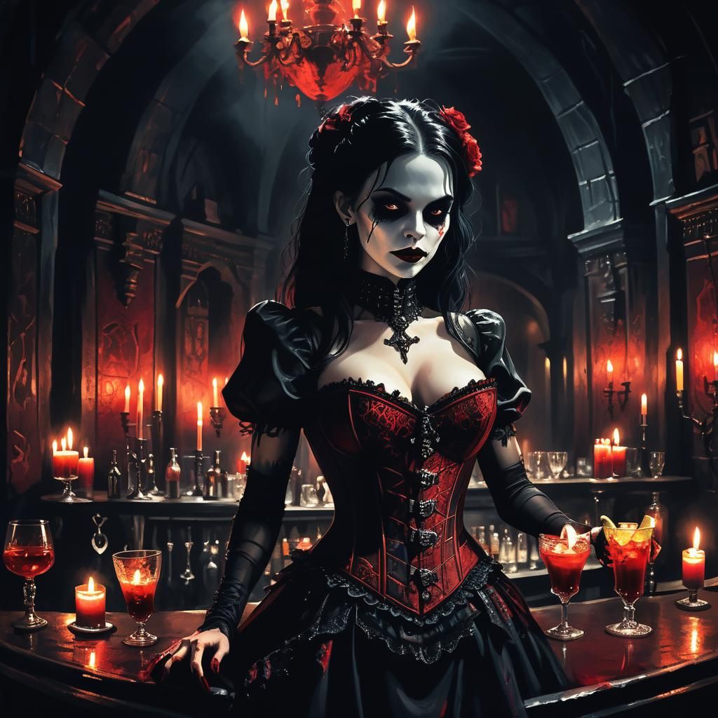 Exotic Space Vampire Serving Drinks in Gothic Horror Style