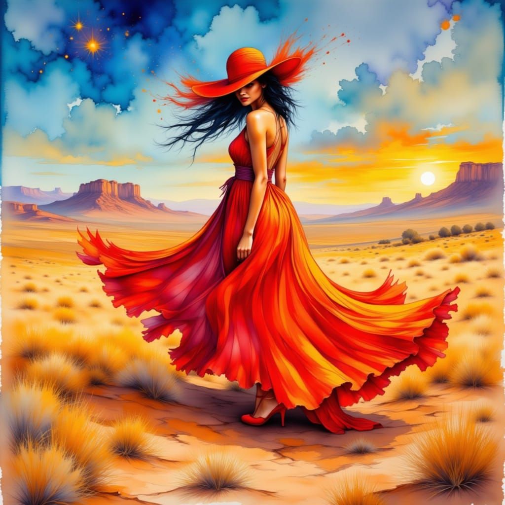 Vibrant Woman in Desert Landscape, Watercolor Style