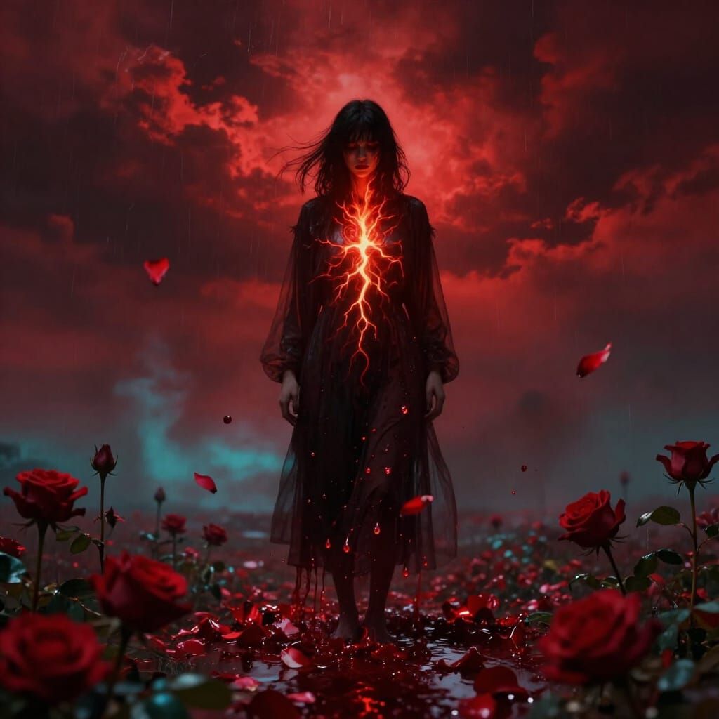Figure Under Scarlet Sky with Bleeding Roses