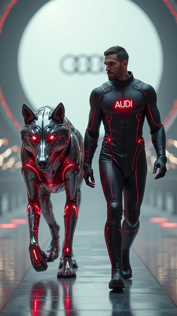 Futuristic Man and Robot Wolf in Blade Runner City