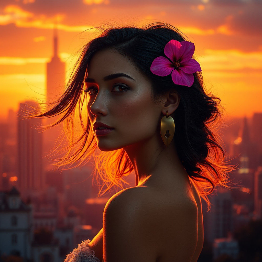 Poised Woman Silhouetted Against Sunset Cityscape