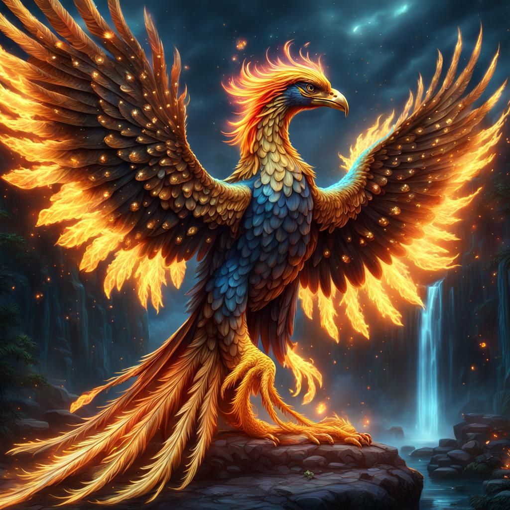Mystical Jeweled Phoenix with Waterfalls in Fantasy Art