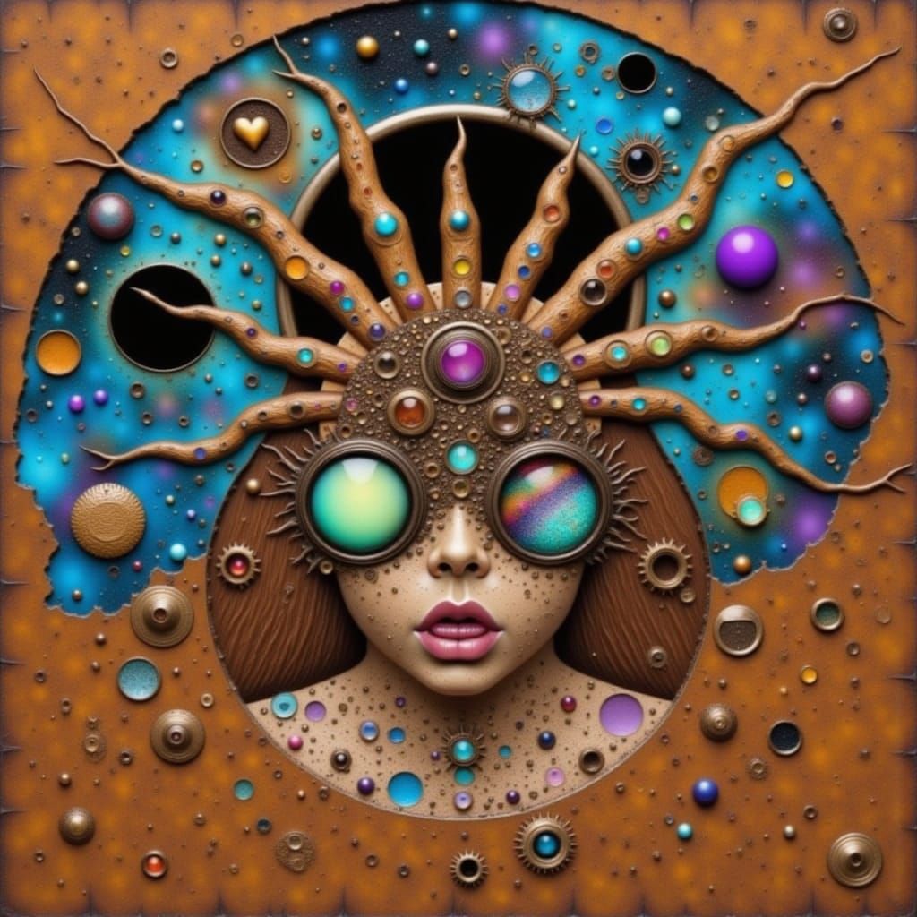 Digital Goddess Unveiling Galaxies in Technosurreal Style