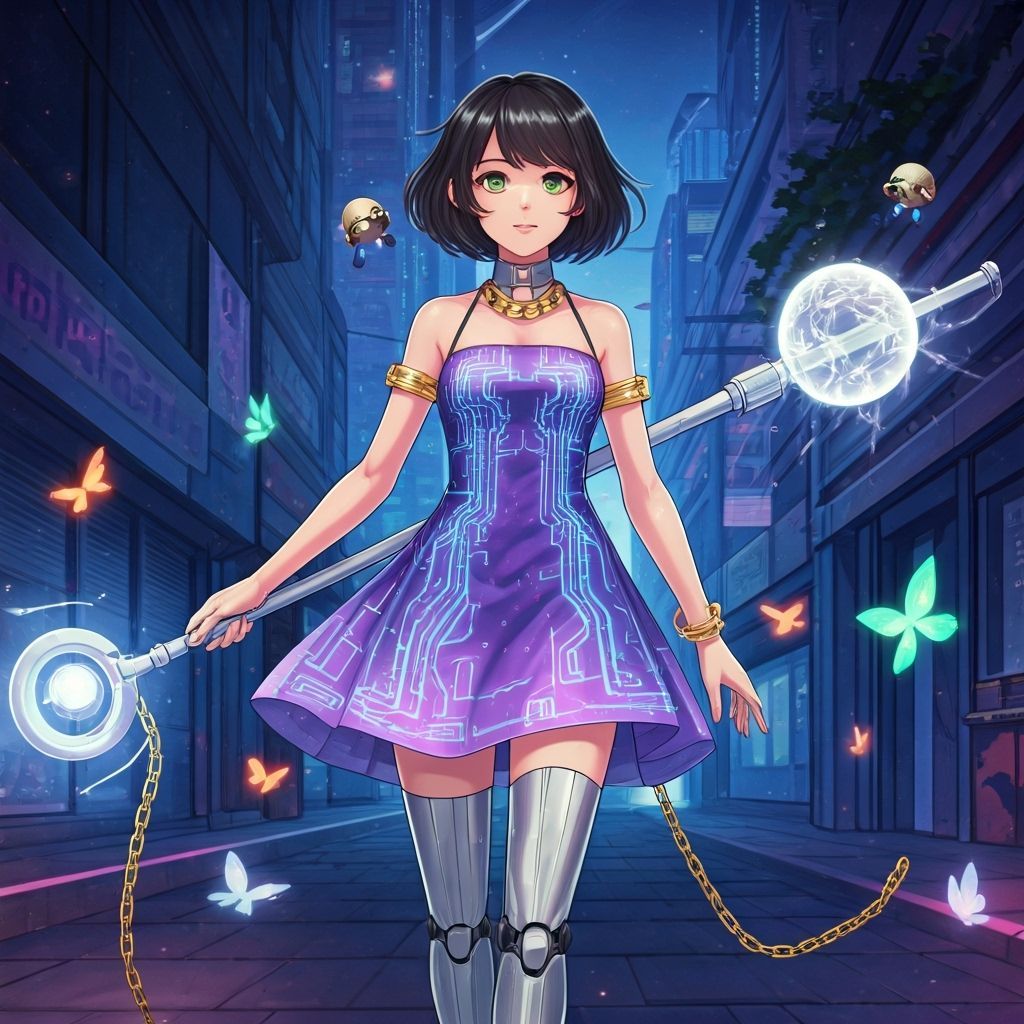 Teen Girl in Cybernetic Dress in Anime Style