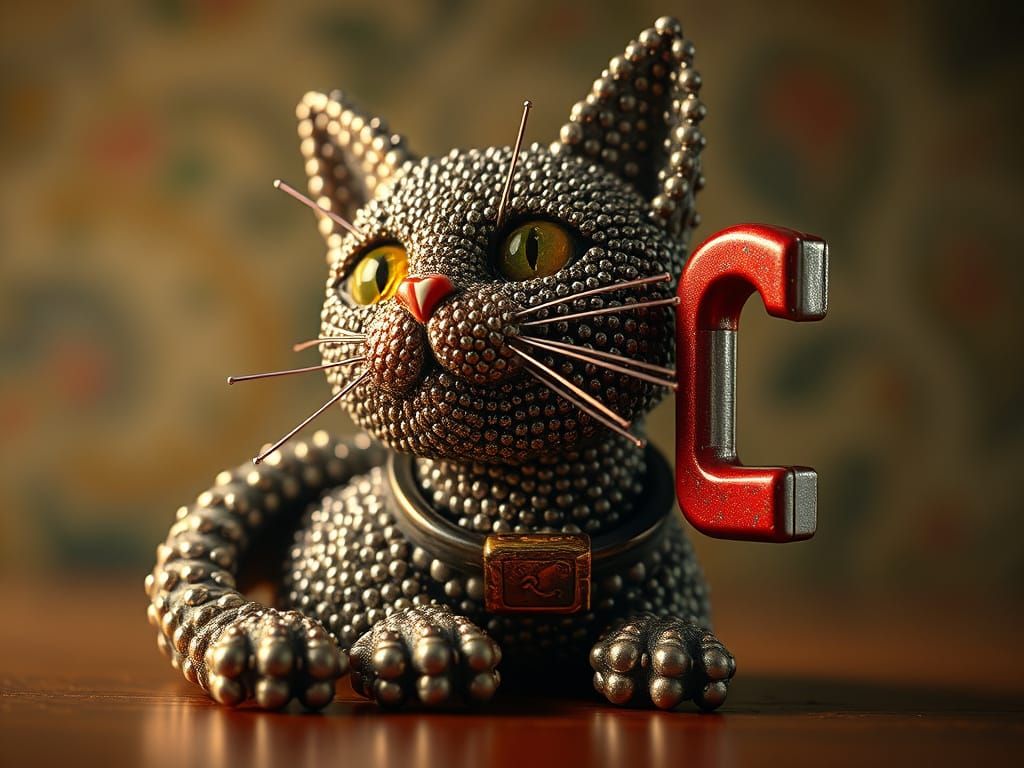 Iron Cat Sculpture in Whimsical Comic Style