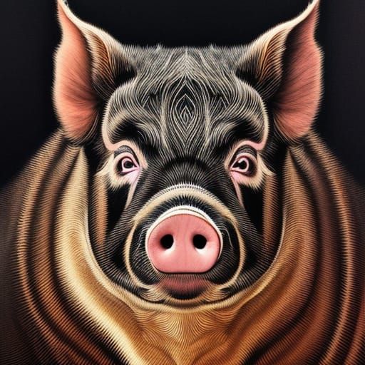 Intense Pig Portrait with Complex Linework