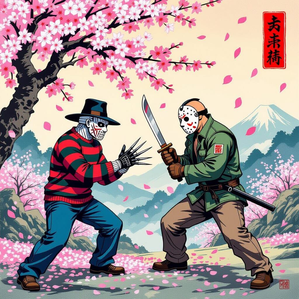 Ukiyo-e Battle: Freddy vs. Jason Amidst Cherry Blossoms