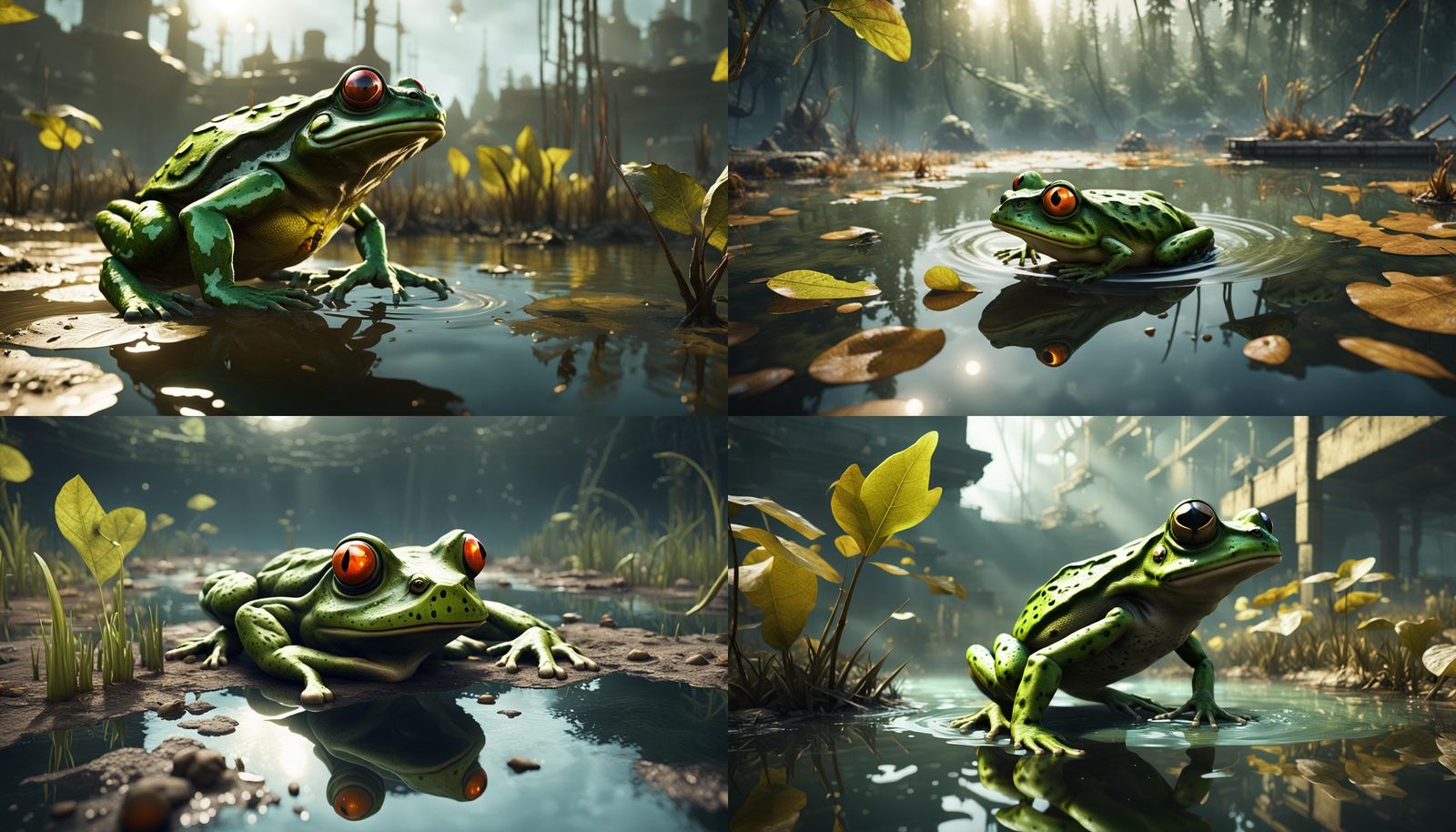 A disturbingly mutated Frog jumping into a radioactive dirty pond from a searose leaf in postapocalyptic environment ret...