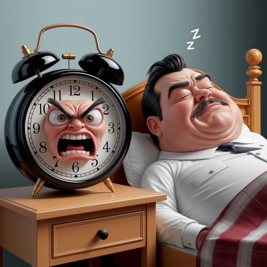 Angry Alarm Clock Wakes Sleeping Boss in Caricature Style