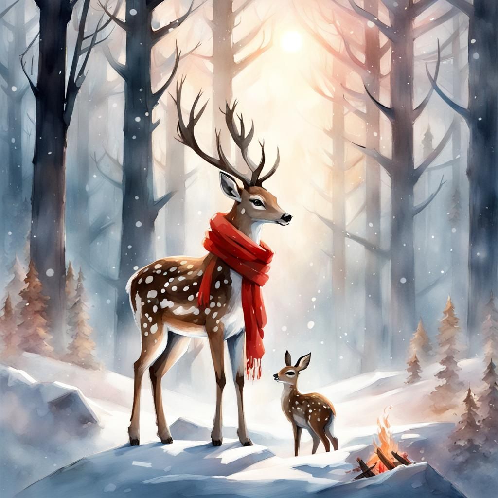 Cute Spotted Deer in Winter Forest Watercolor