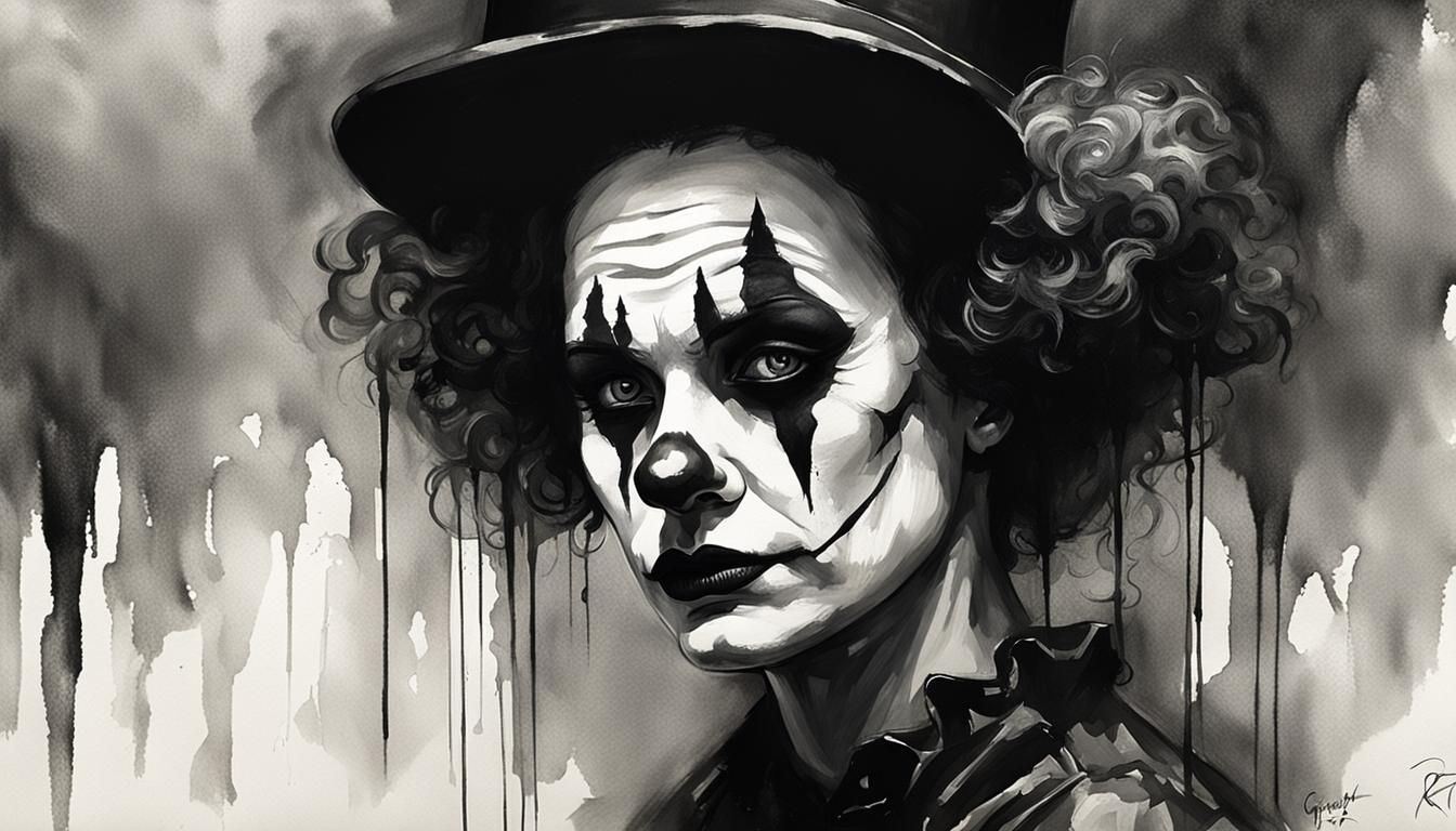 Melancholy Female Clown in Sinister Watercolor