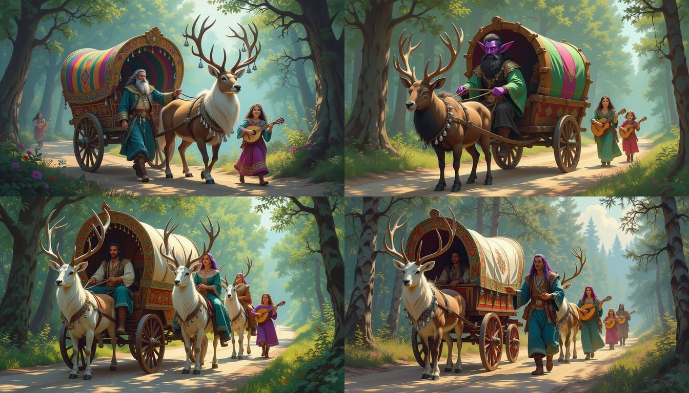 Fantastical Traveling Family in Forest, Detailed Matte Paint...