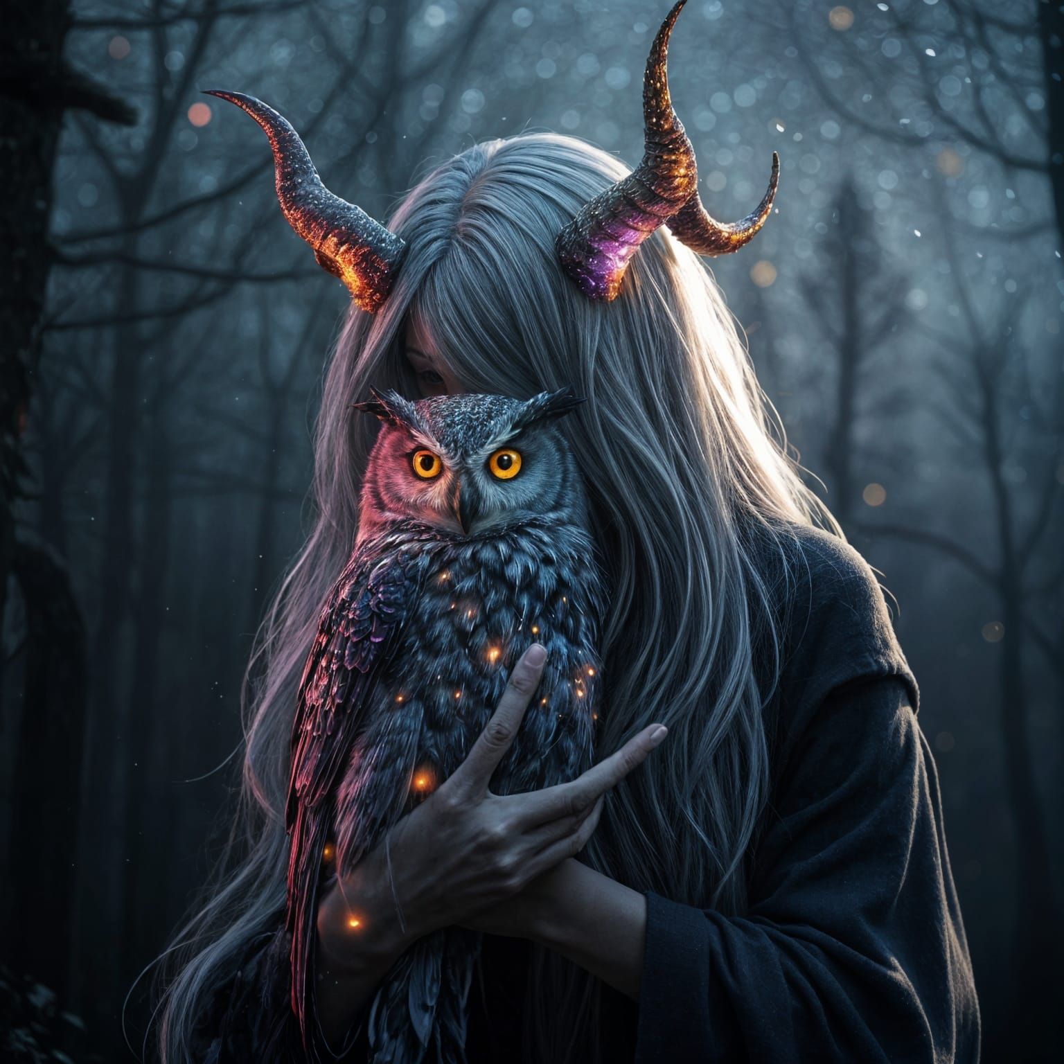 Mystical Figure with Celestial Owl in Dark Forest