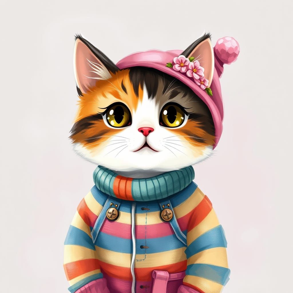 illustration of a calico cat wearing a rainbow striped sweater