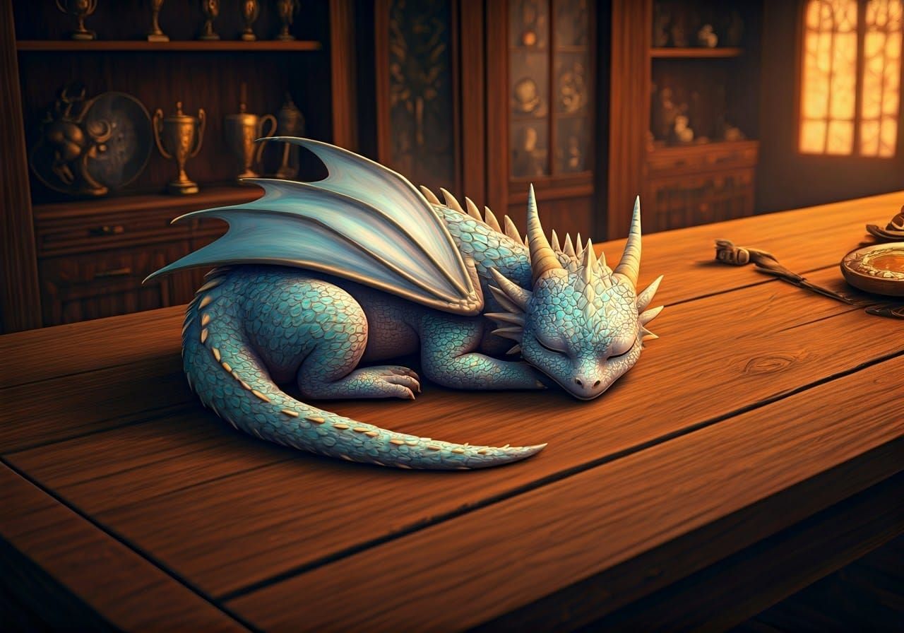 Cute Sleeping Dragon on a Cozy Fantasy Kitchen Table