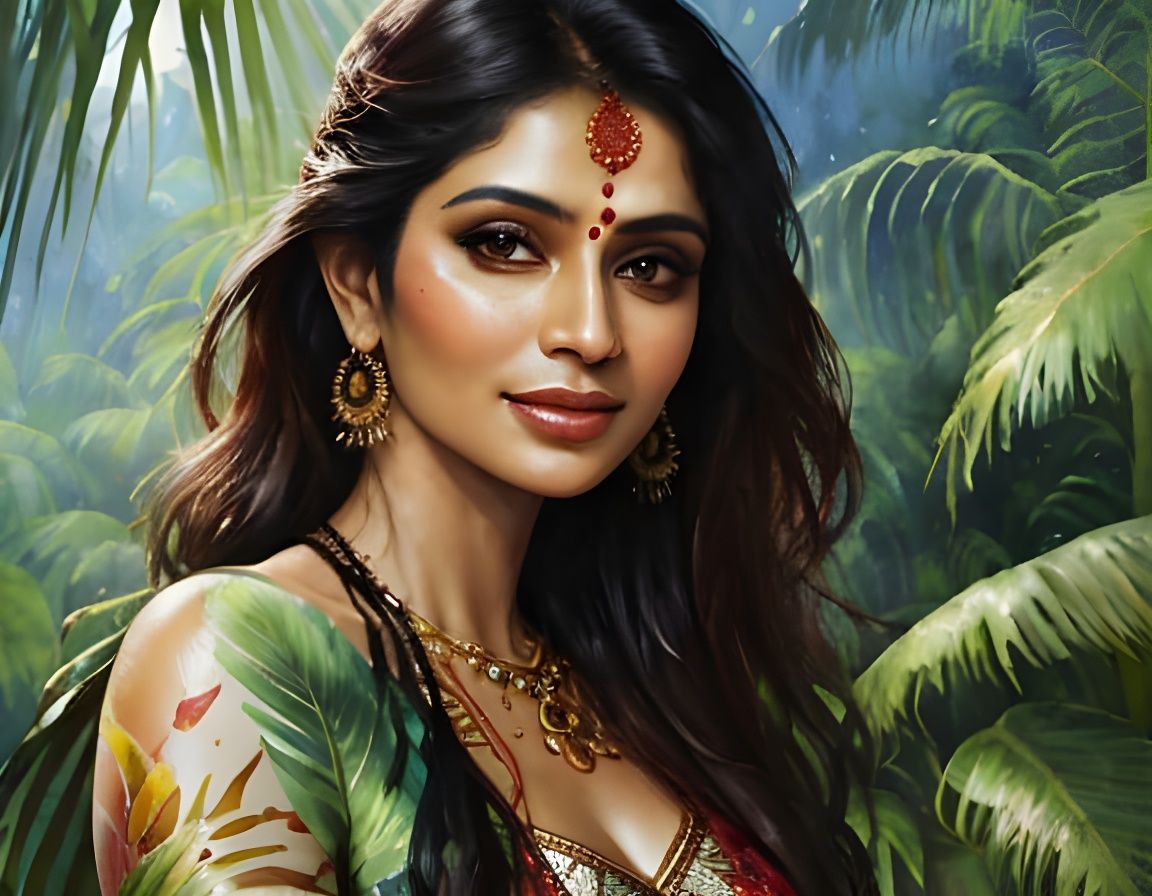 Indian Woman in Tropical Paradise Watercolor