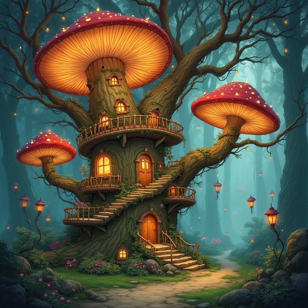 Enchanted Treehouse Village with Glowing Mushrooms