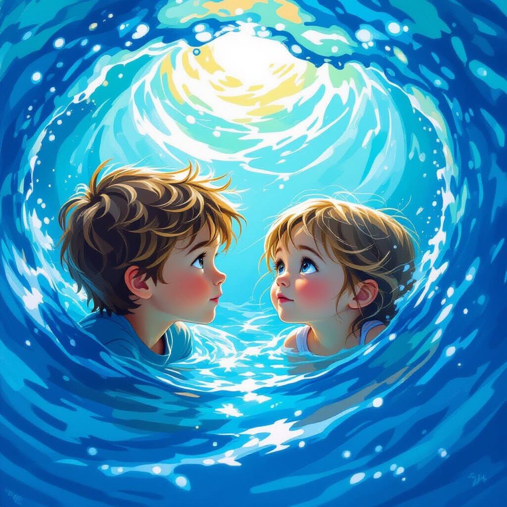 Children Gaze into Ethereal Ocean in Dreamy Style