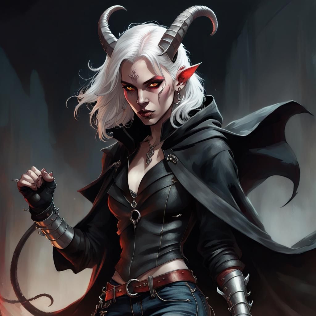 Dynamic Tiefling Combat Art in Dark Fantasy Style