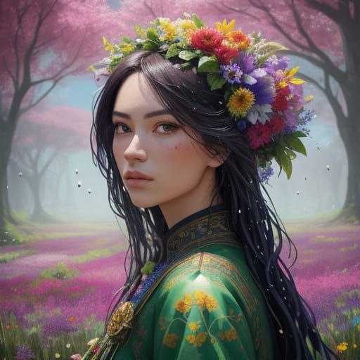 Girl in Flower Field: Vibrant Splash Art
