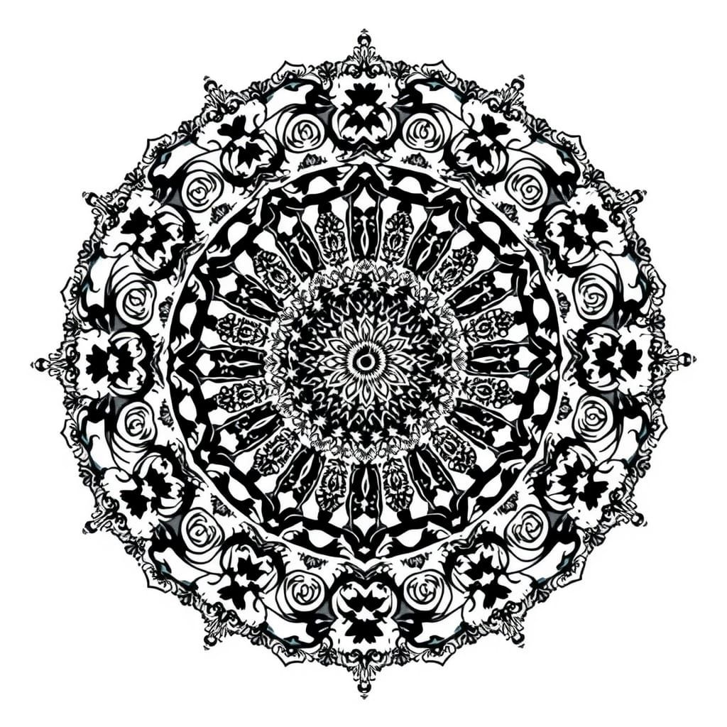 High-Contrast Black and White Mandala with Symmetrical Patte...