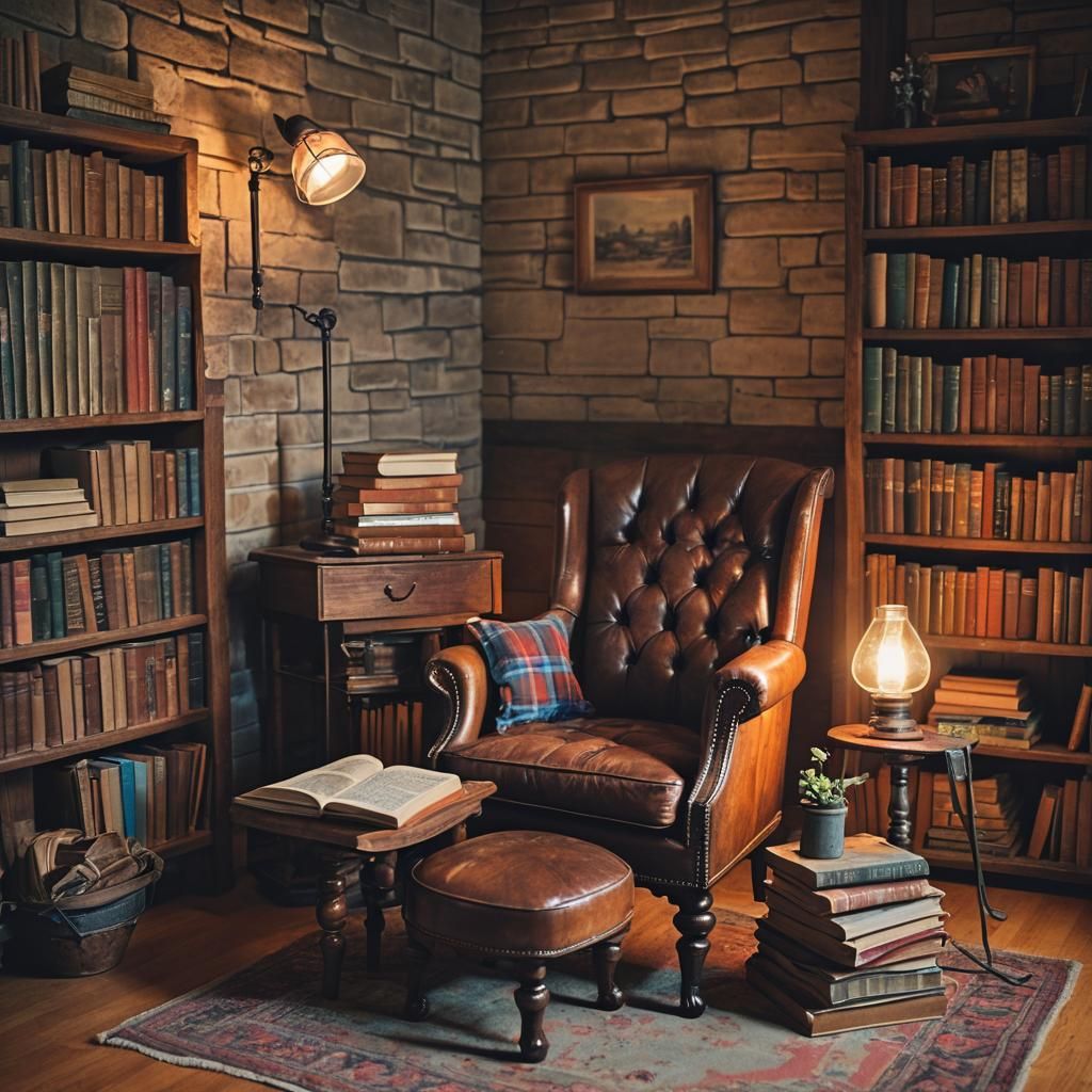 Cozy Reading Nook with Glowing Lamp