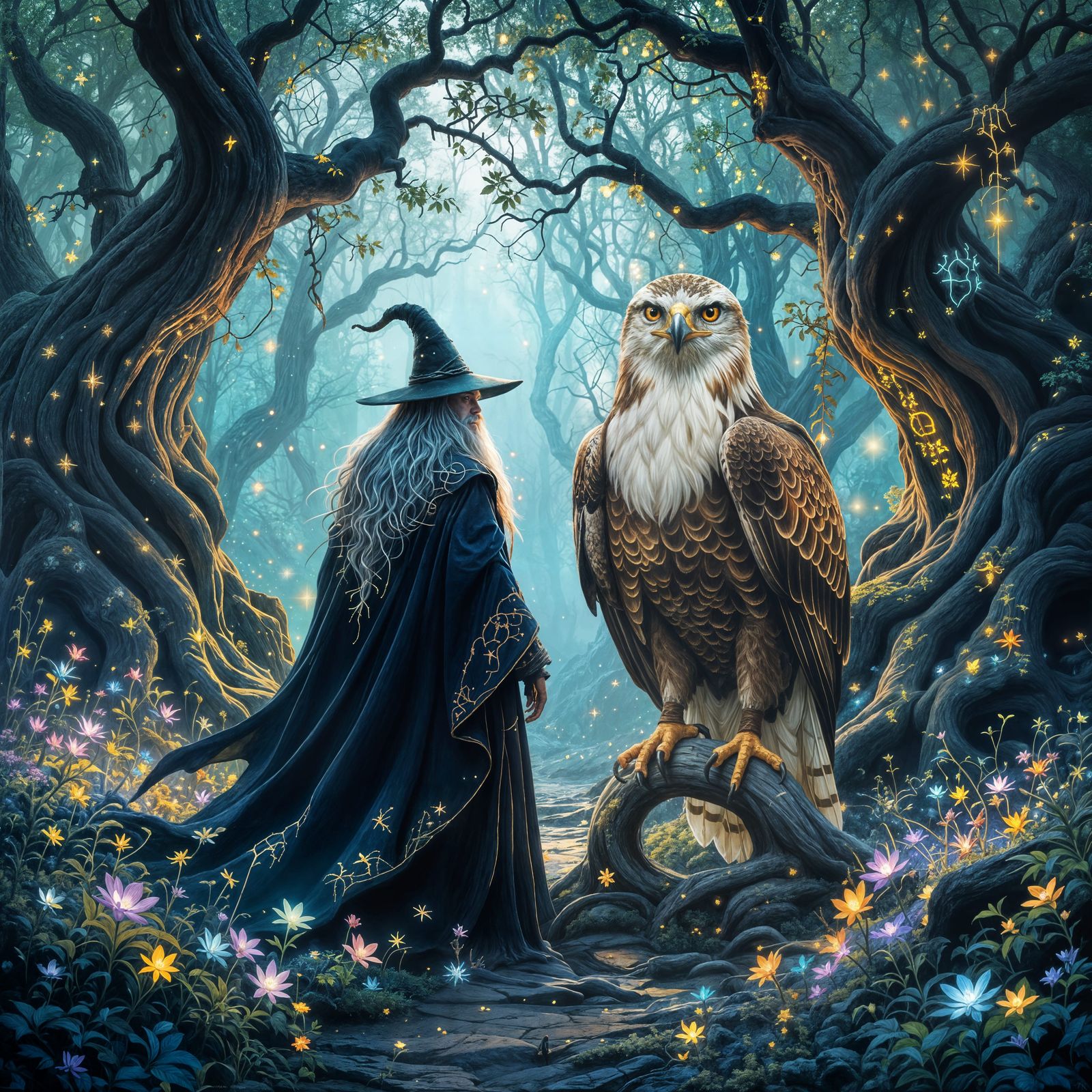 Wizard with Starlight Beard in Enchanted Forest