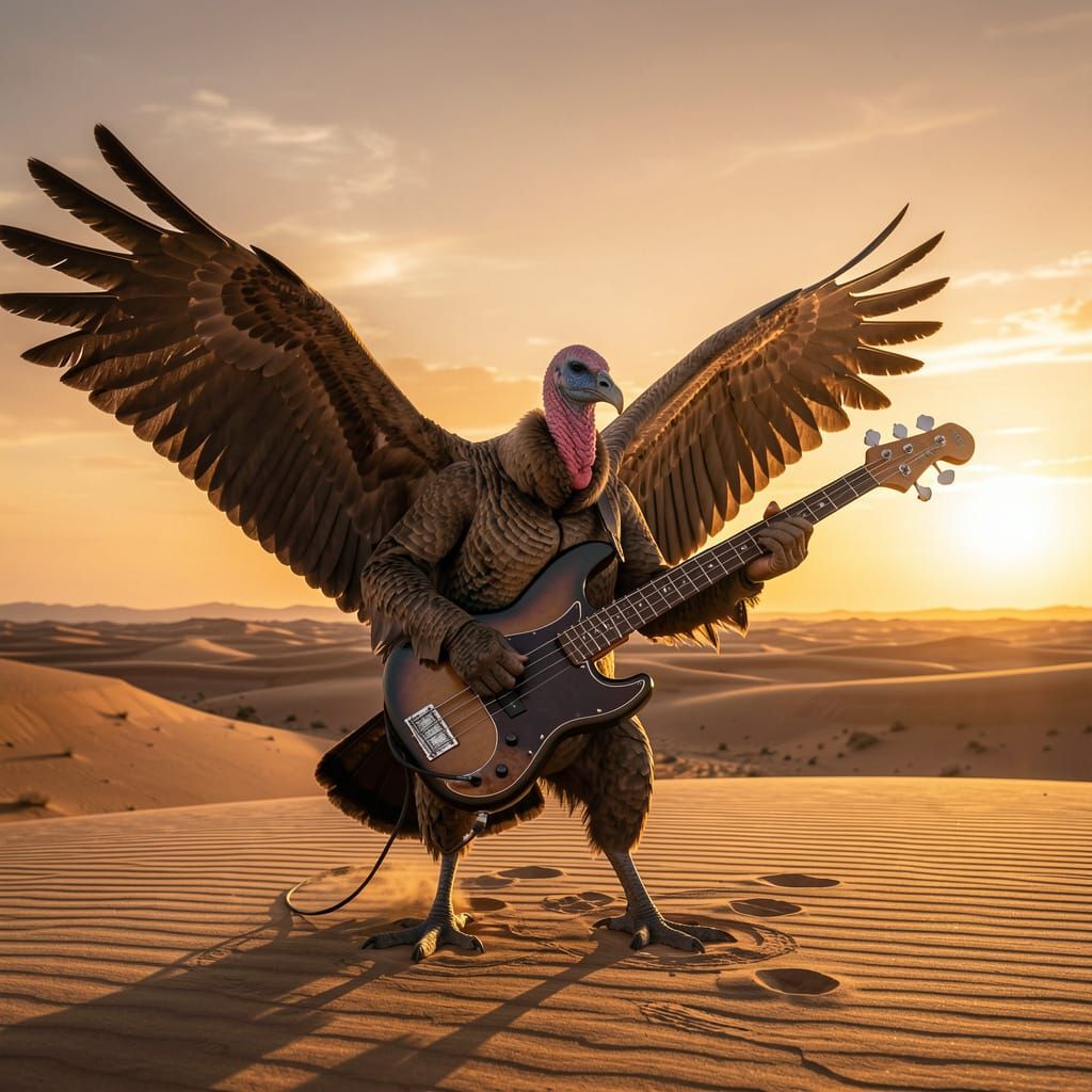Vulture Plays Bass Guitar in Desert Sunset