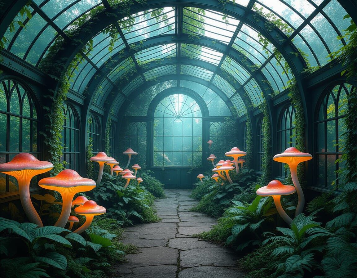 Surreal Greenhouse Utopia with Glowing Fungi