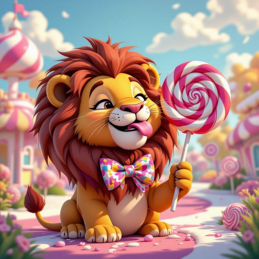 Cartoon Lion Licking Lollipop in Candyland Style