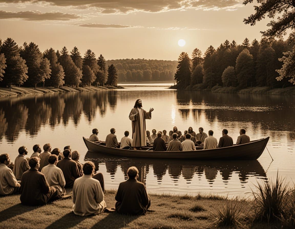Vintage Sepia Photo of Jesus Preaching by Lake