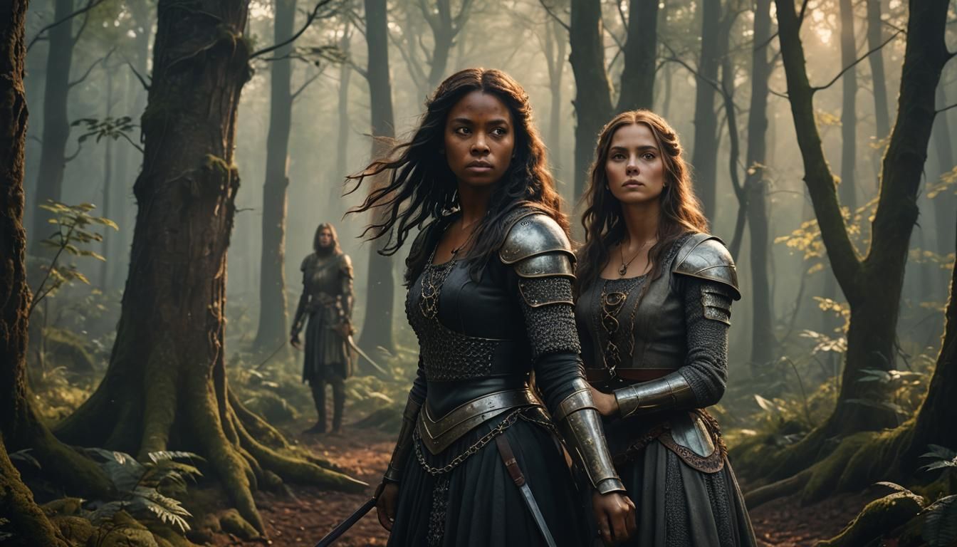 Medieval Warrior and Princess in Forest, Digital Painting