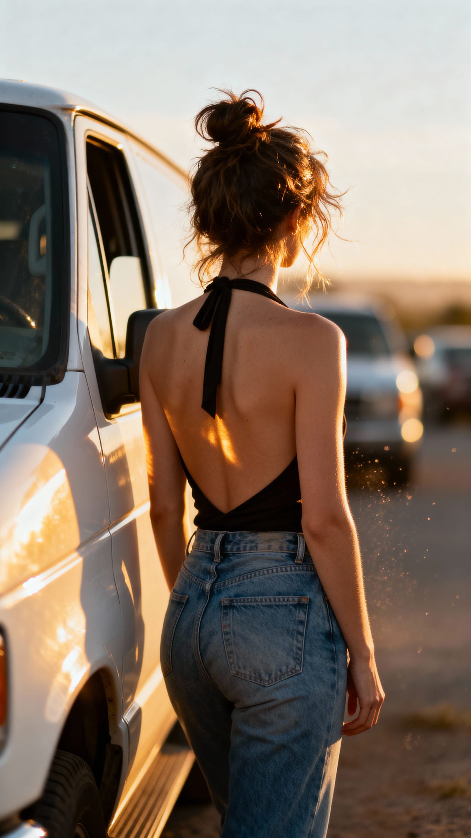Cinematic Portrait: Woman by White Van in Golden Light