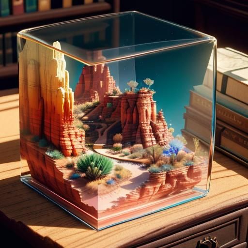Miniature Desert Canyon in Glass Cube, 3D Render