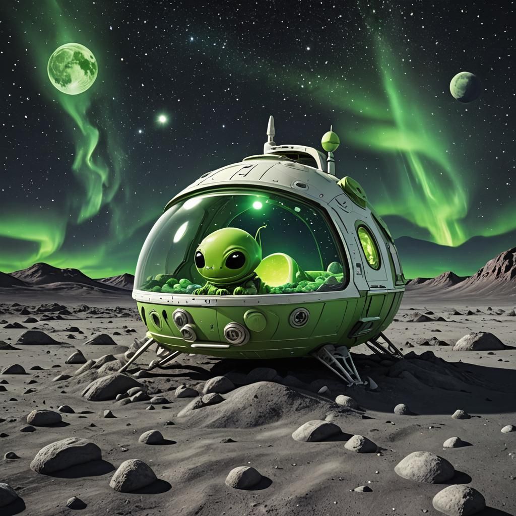 Green Alien in Spaceship on Moon with Northern Lights