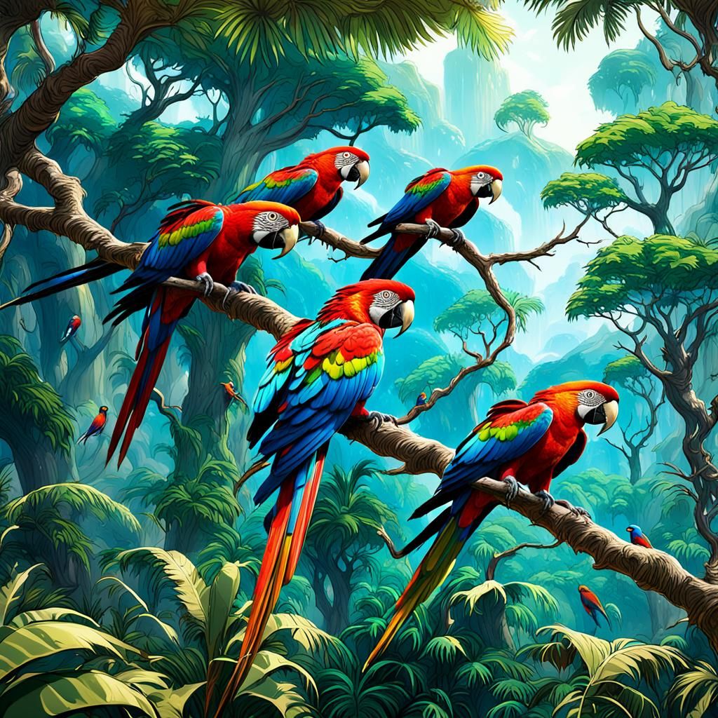 Colorful Macaws in a Detailed Matte Painting