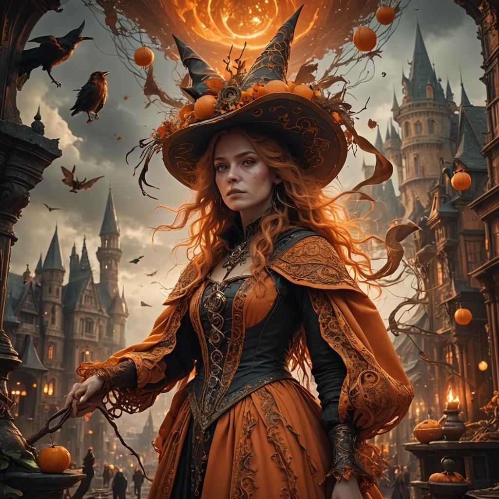 Young Woman as Orange Witch Digital Matte Painting